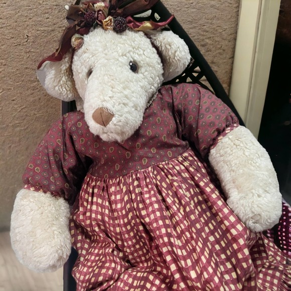 Fuzzy Dog Large Cream Colored Stuffed Plush Red Checkered Plaid Dress with Bows - Picture 1 of 9